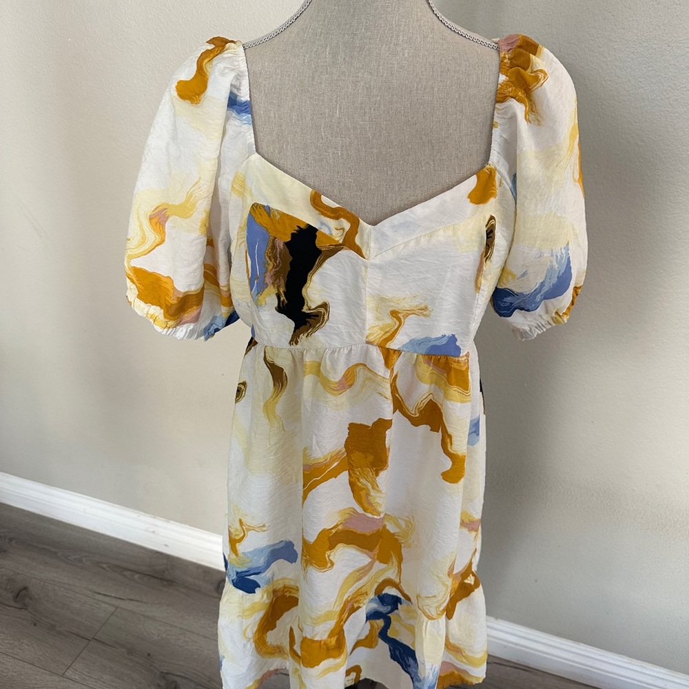 Nine West White and Multicolor Puff Sleeve Dress